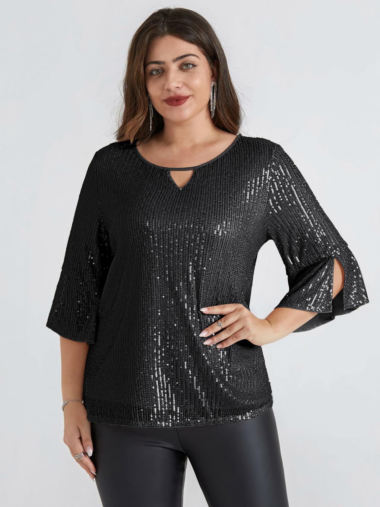 Hanna Nikole Women's Sequin Party Blouse Crew Neck 3/4 Sleeve Black Size 24Plus