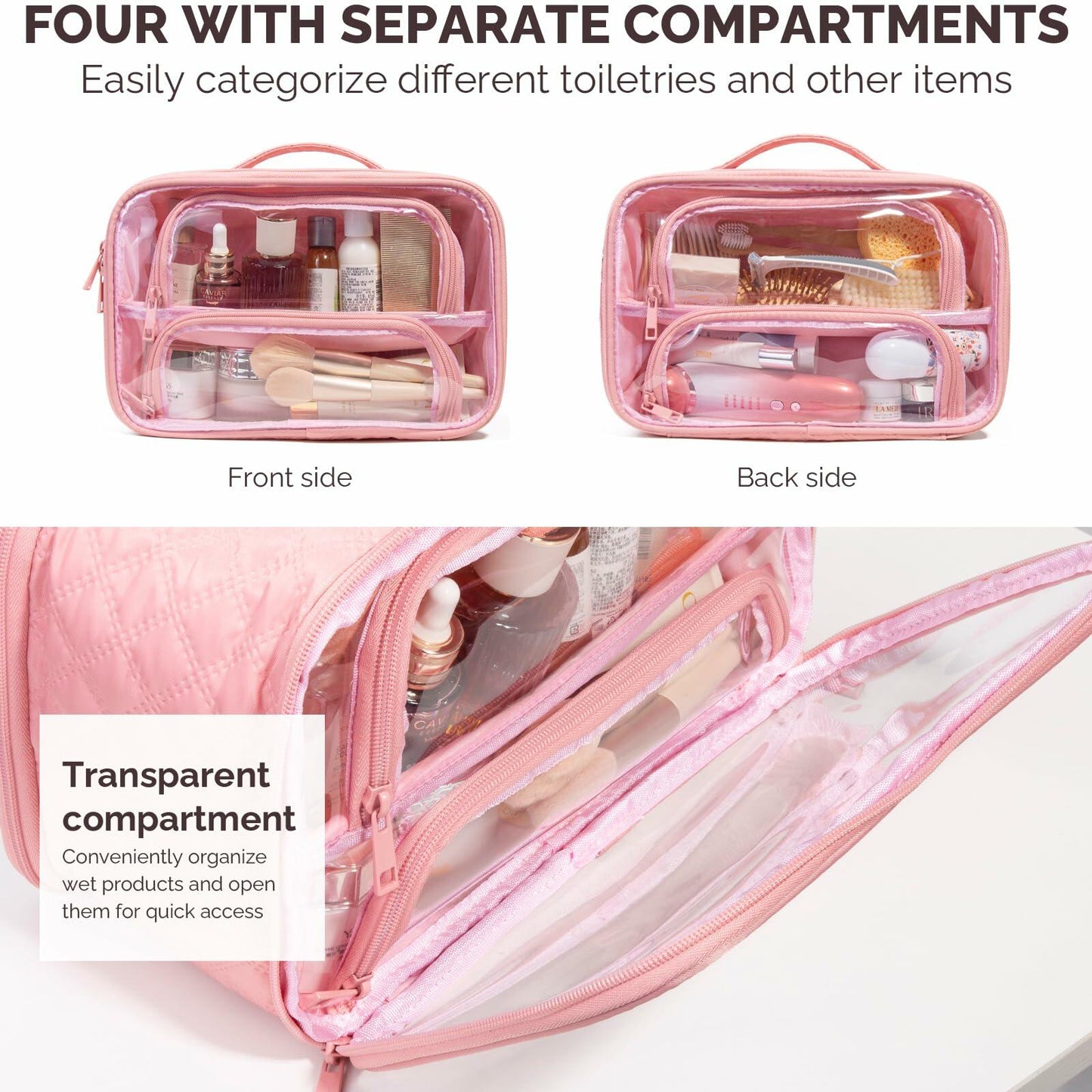 FUNSEED Clear Travel Toiletry Bag Large Organizer Pink Multiple Compartments