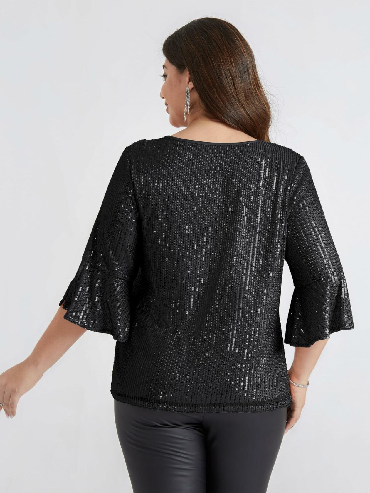 Hanna Nikole Women's Sequin Party Blouse Crew Neck 3/4 Sleeve Black Size 24Plus