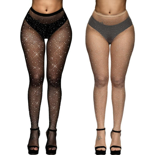 Sparkly Rhinestone Fishnet Stockings Women Black Nude Size M XL