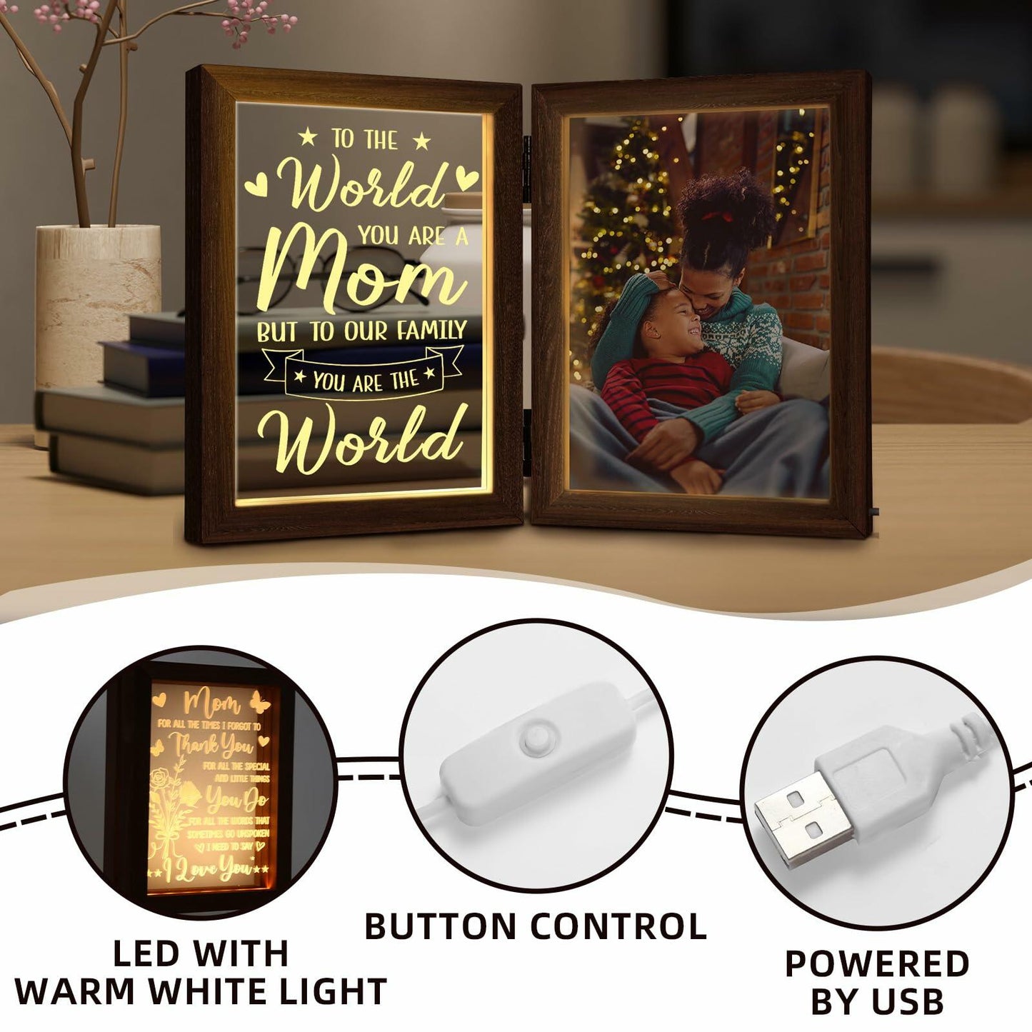 Mom Gifts 5x7 Picture Frame Night Light Table Lamp Warm Words