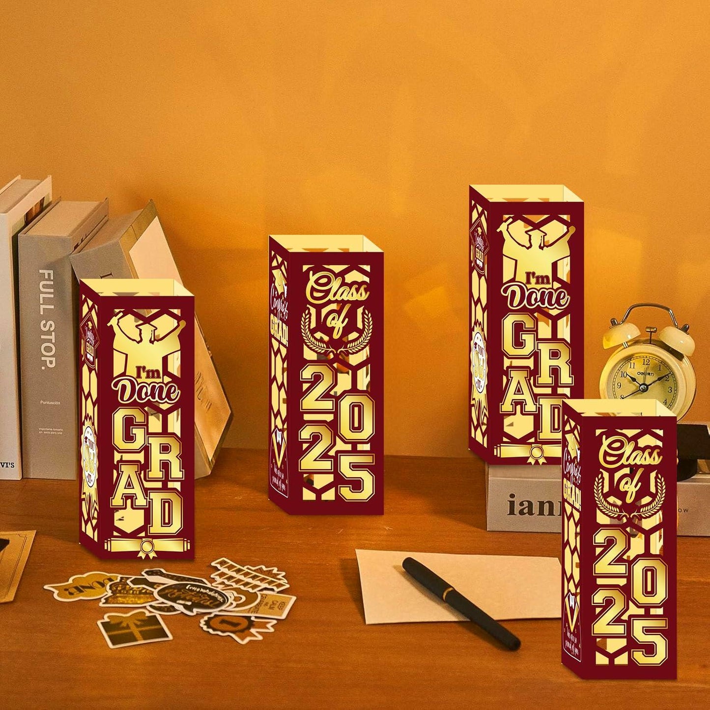 6 Pcs Graduation Table Centerpieces Lantern Boxes LED Light Red Class 2025