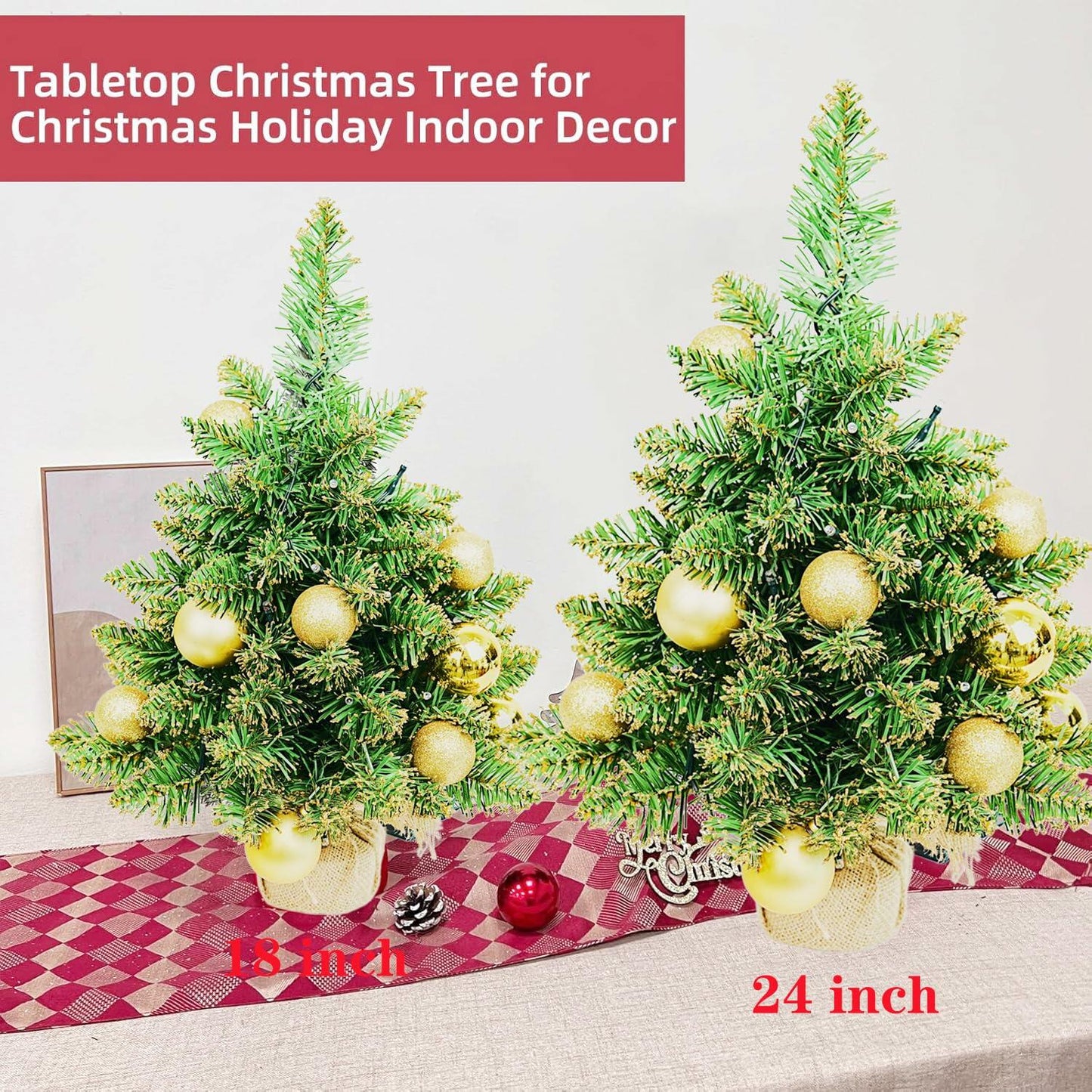 Aimmop 18in Small Christmas Tree with Ornaments 59 Tips Green