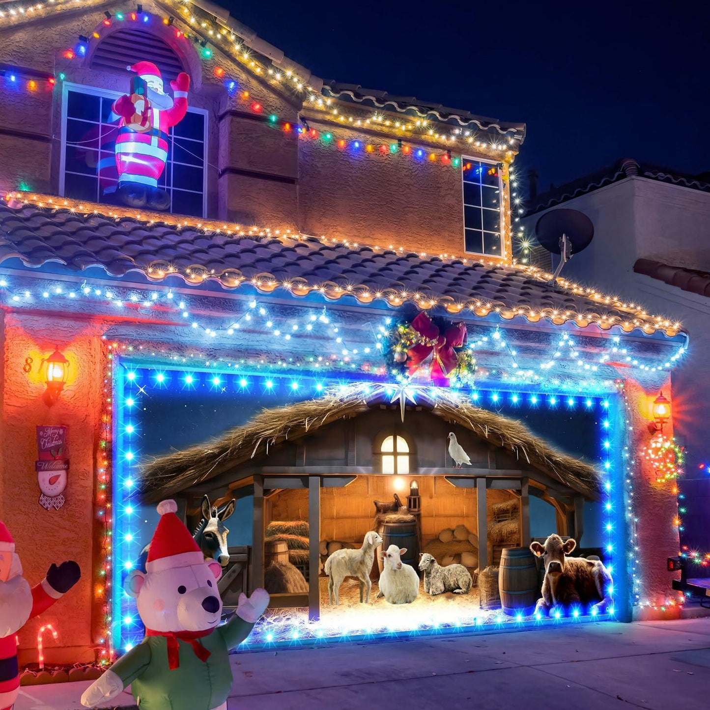 Ganeen 6.4x16ft LED Christmas Garage Door Banner Rustic Nativity Farm
