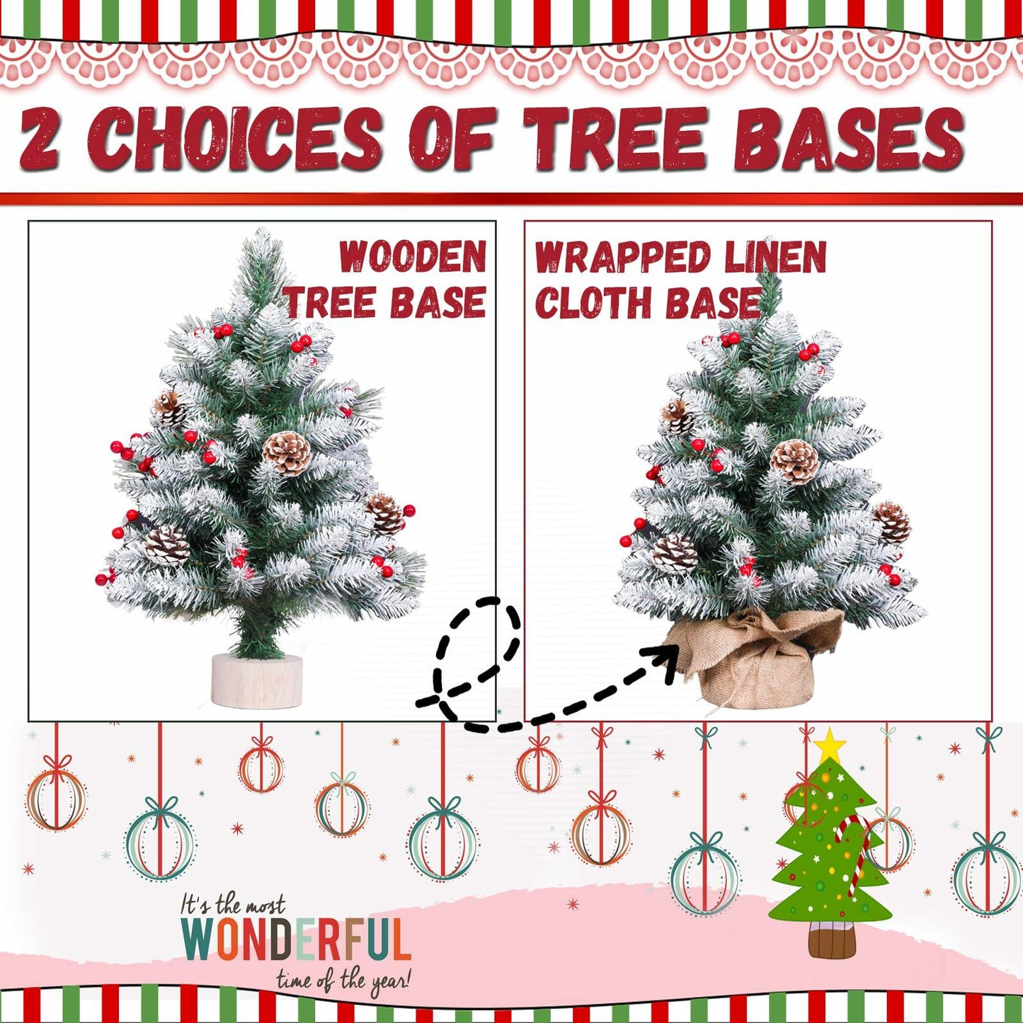 Mini Christmas Tree 2FT with Lights White Flocking Snow Berries Wood Base