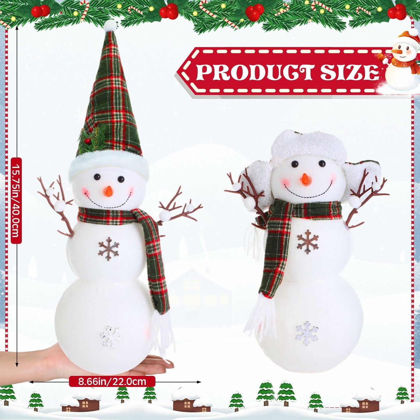 VIHOSE 2 Pcs LED Snowman Decorations 15.7" Tabletop Xmas Decor Green