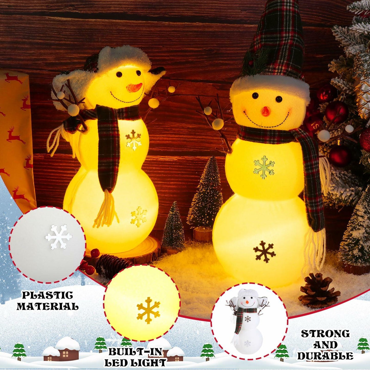 VIHOSE 2 Pcs LED Snowman Decorations 15.7" Tabletop Xmas Decor Green