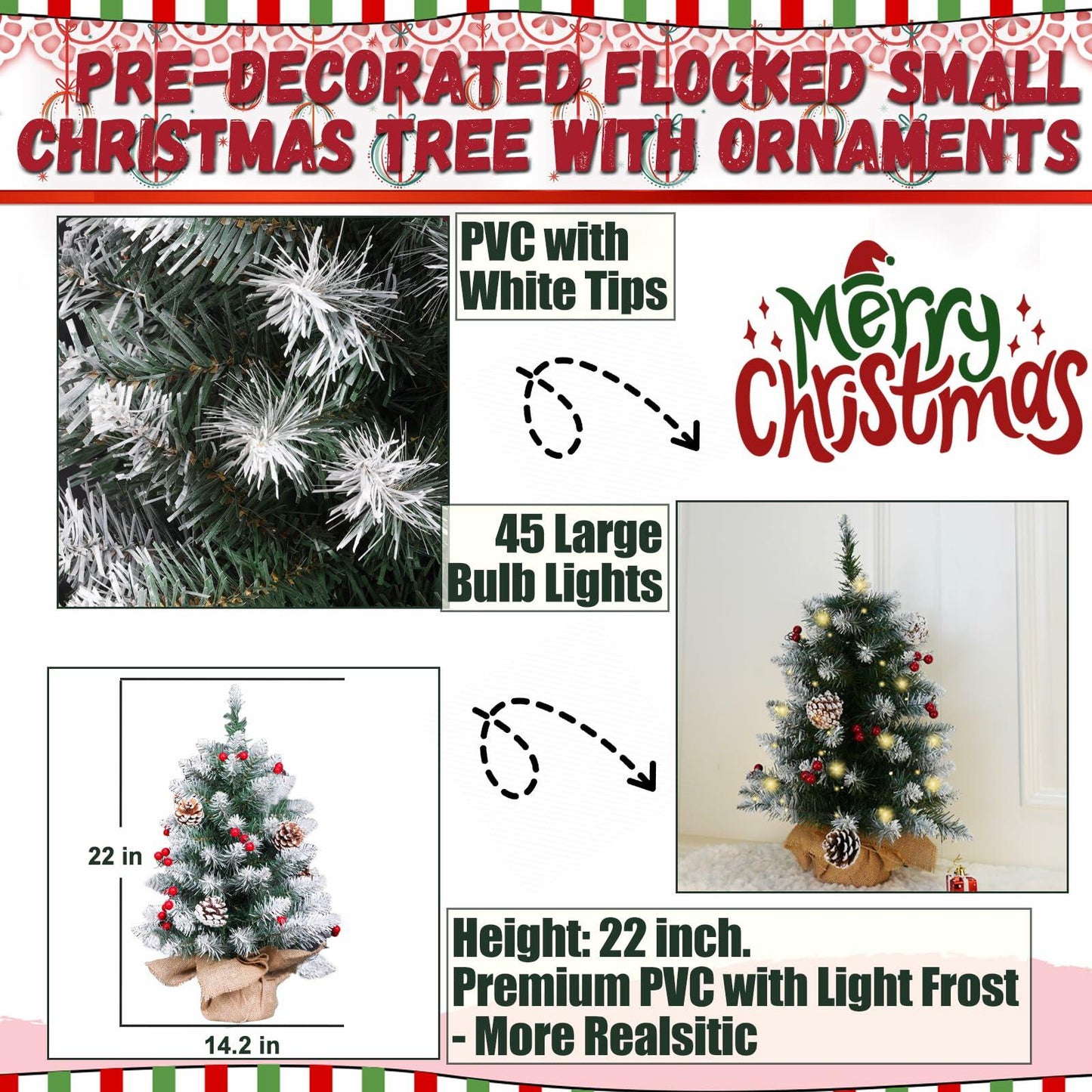 Mini Christmas Tree 2FT with Lights White Flocking Snow Berries Wood Base