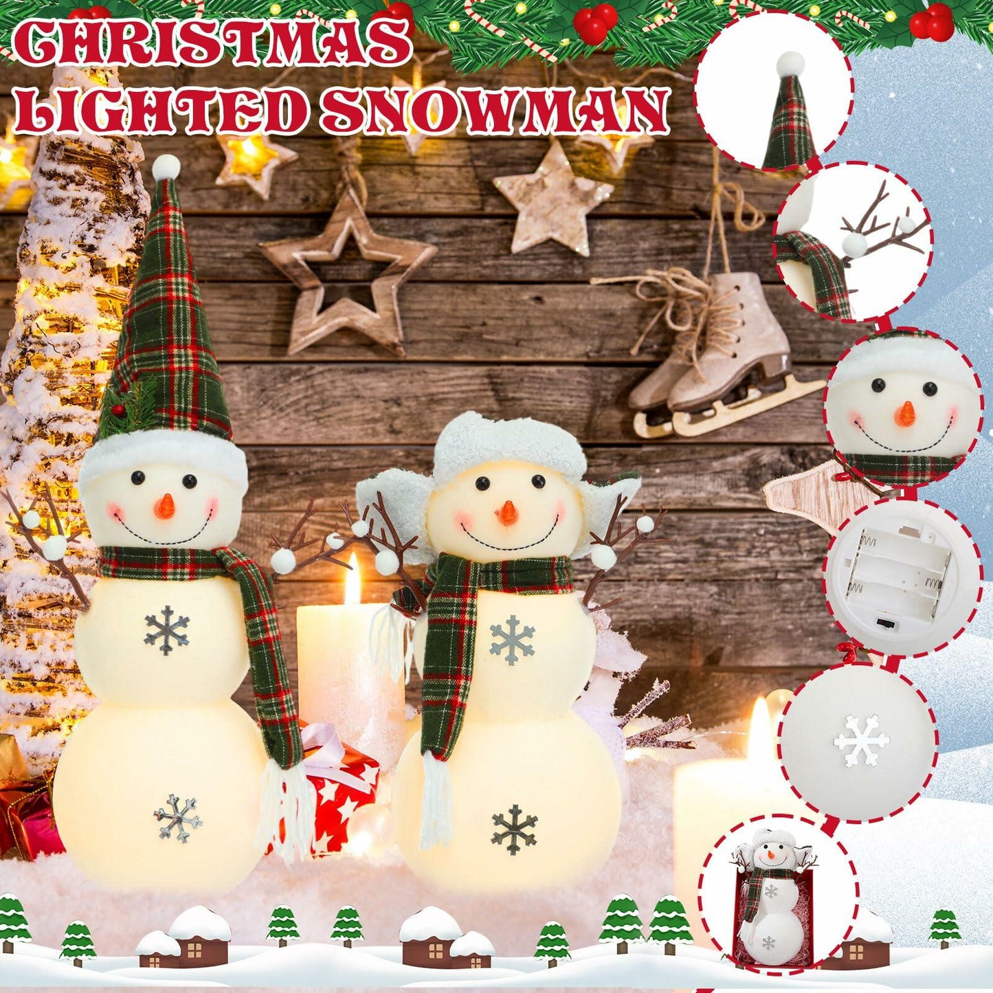 VIHOSE 2 Pcs LED Snowman Decorations 15.7" Tabletop Xmas Decor Green