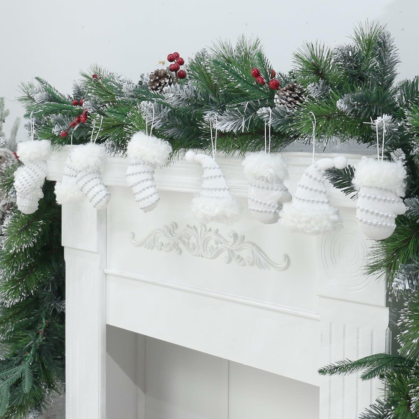 RoseCraft Christmas Ornaments 9PCS Socks Hat Tree Decor White Silver