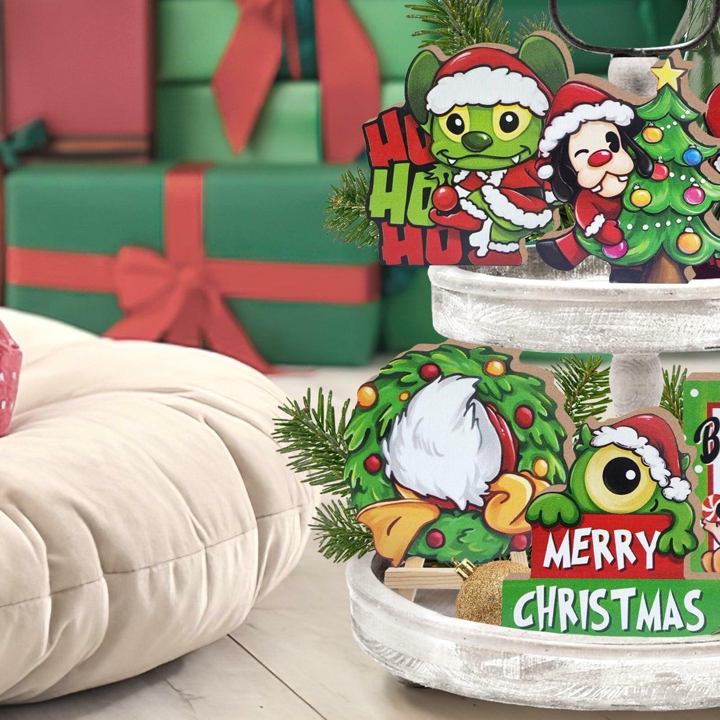 Uruney Merry Christmas Snowman Tiered Tray Decor Green 1 Count