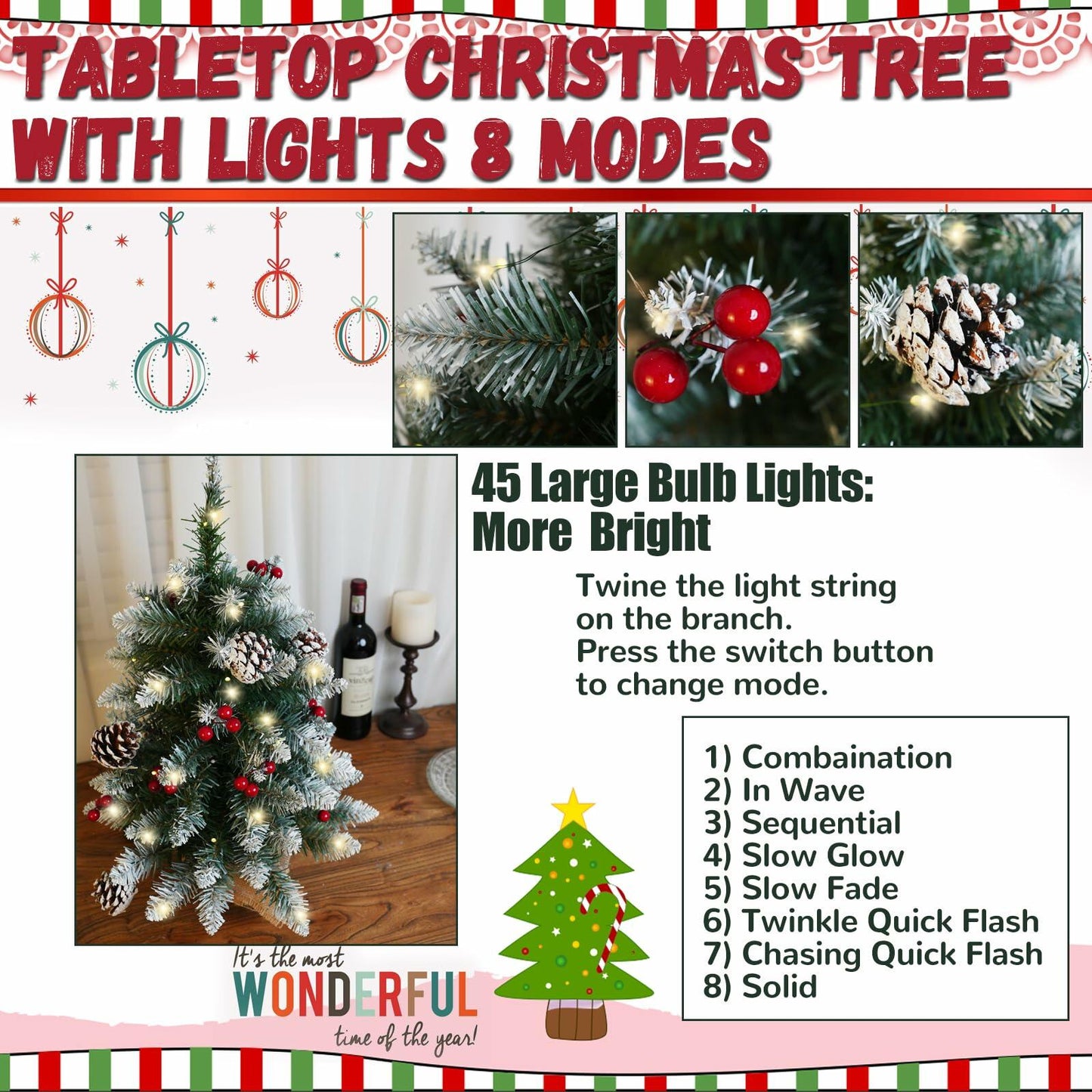 Mini Christmas Tree 2FT with Lights White Flocking Snow Berries Wood Base