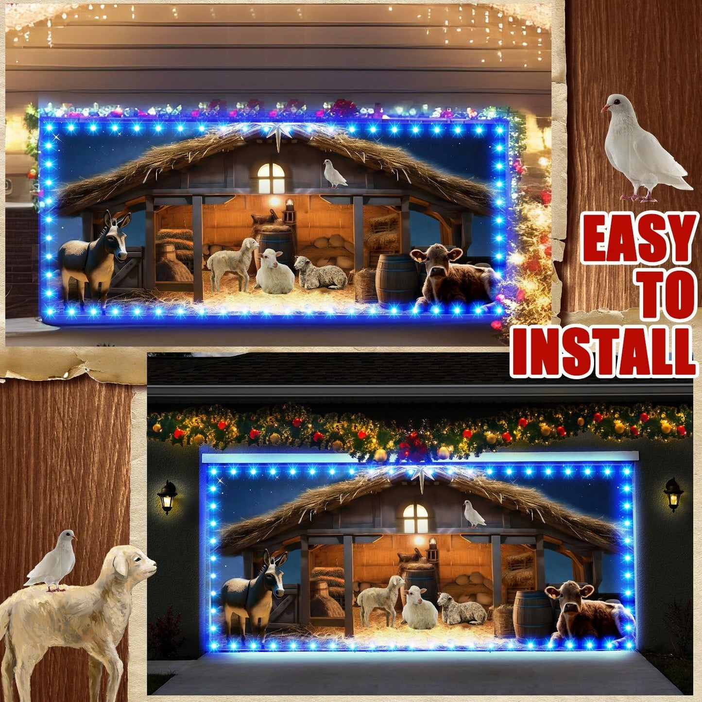 Ganeen 6.4x16ft LED Christmas Garage Door Banner Rustic Nativity Farm