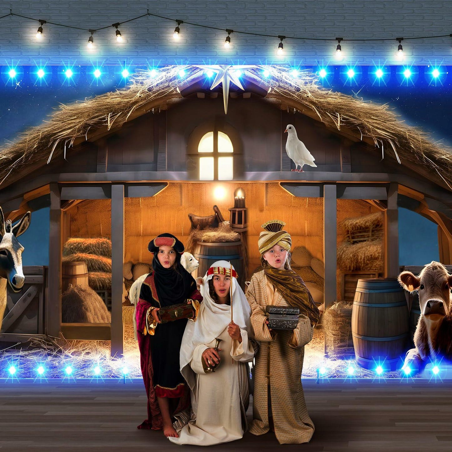 Ganeen 6.4x16ft LED Christmas Garage Door Banner Rustic Nativity Farm