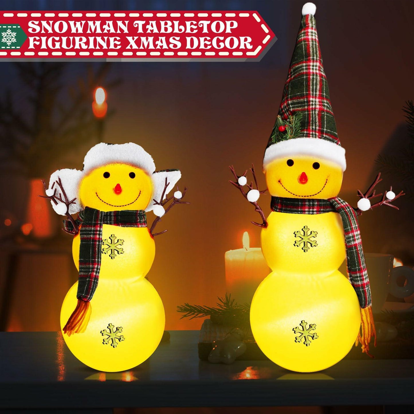 VIHOSE 2 Pcs LED Snowman Decorations 15.7" Tabletop Xmas Decor Green