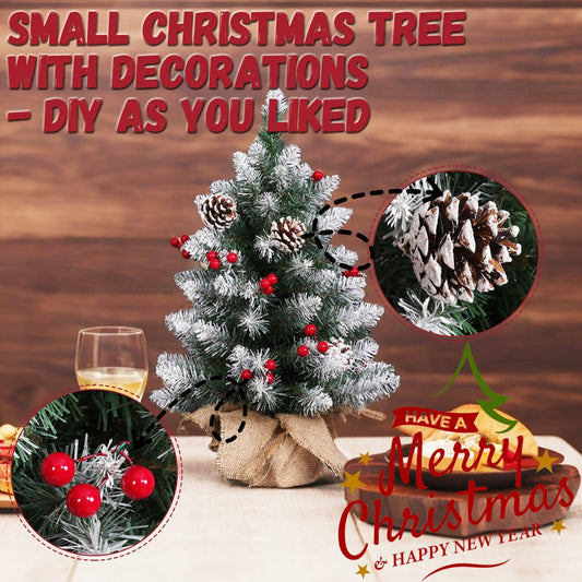 Mini Christmas Tree 2FT with Lights White Flocking Snow Berries Wood Base