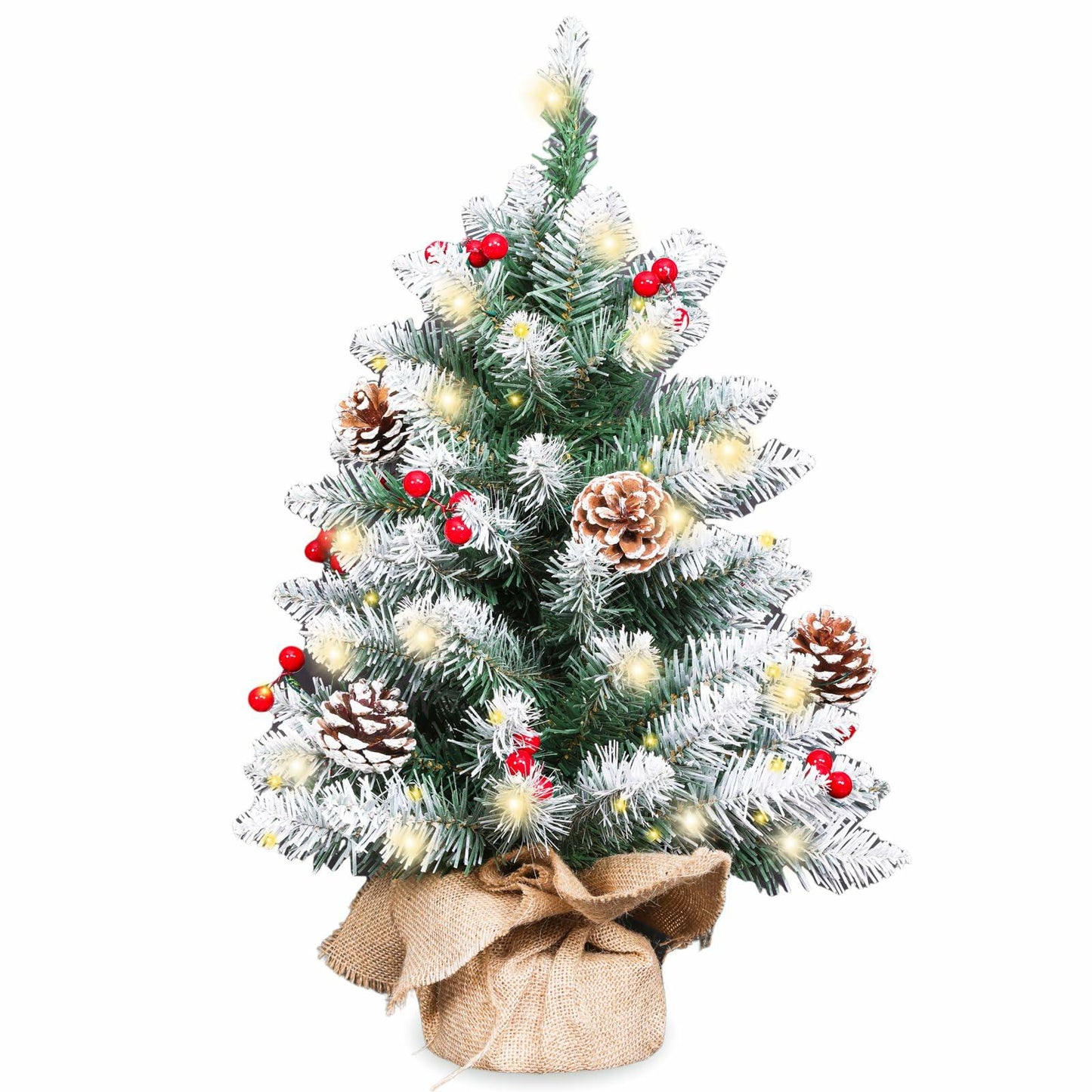 Mini Christmas Tree 2FT with Lights White Flocking Snow Berries Wood Base