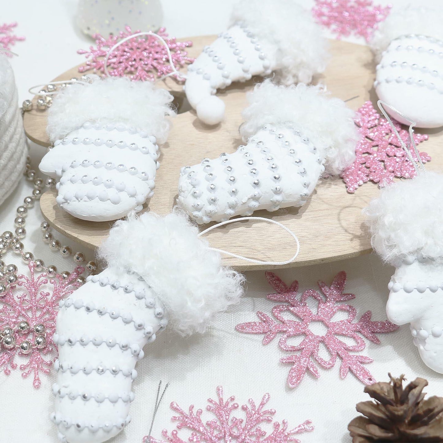 RoseCraft Christmas Ornaments 9PCS Socks Hat Tree Decor White Silver