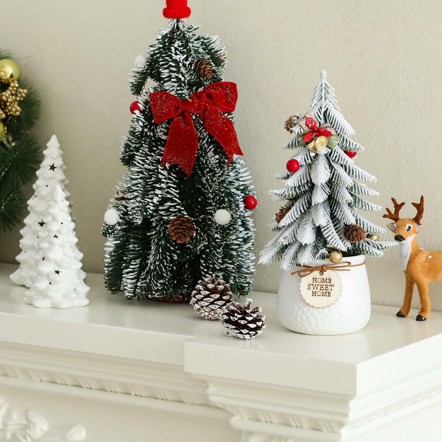 HOMCDALY 16in LED Tabletop Christmas Tree with Red Bowtie Indoor Decor