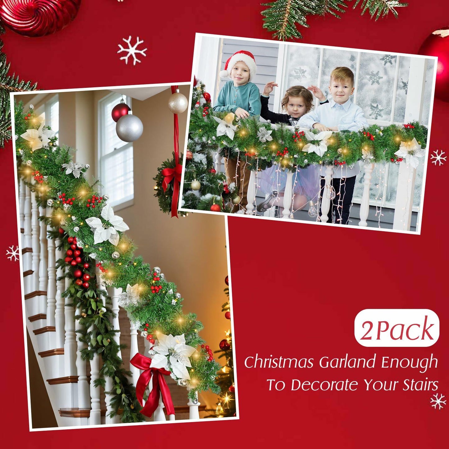 Glitinsel 2 Pack 6ft LED Christmas Garland Pine Cones Gold Berry 12ft