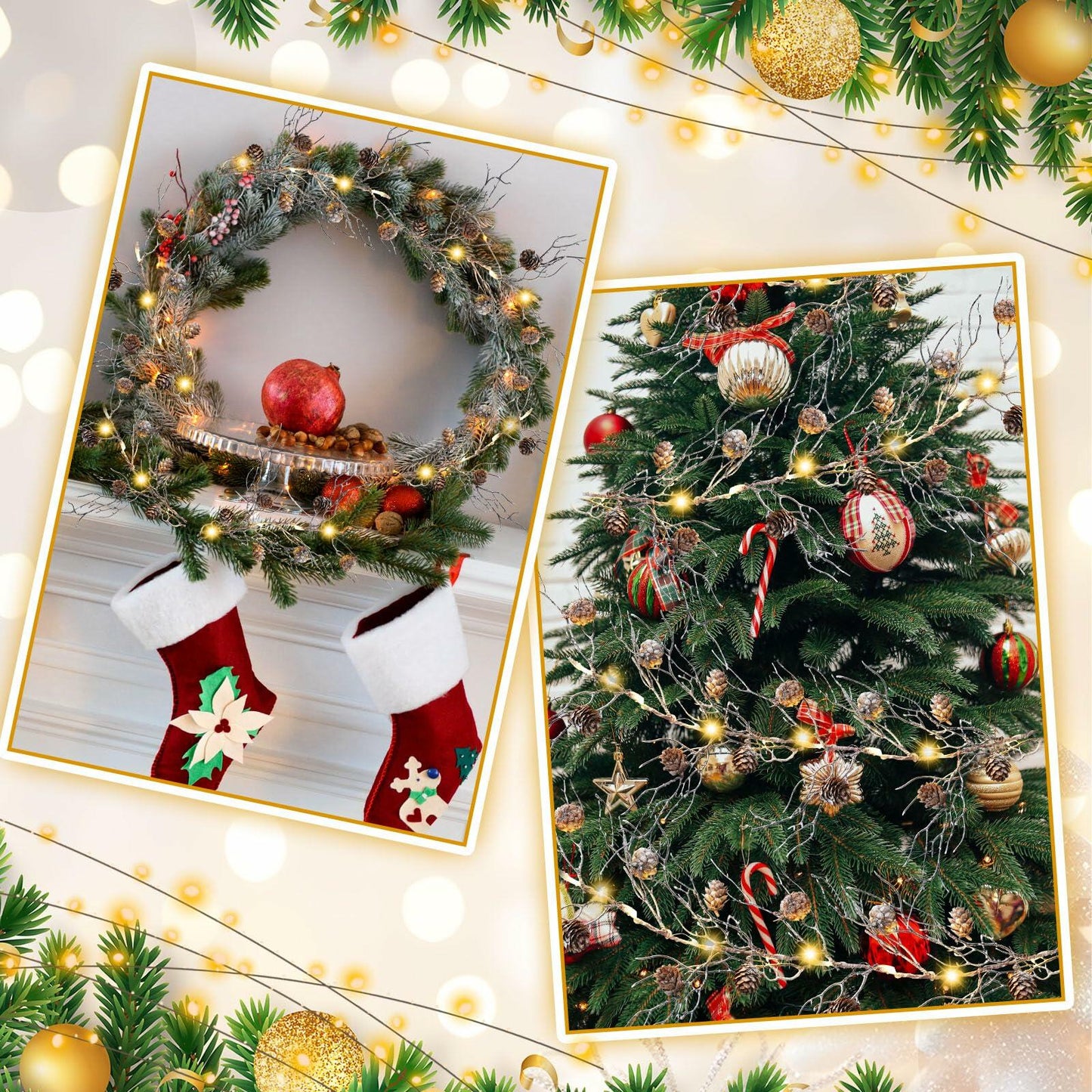 Jutom Christmas Pine Cone Garland with Lights 5.41ft Snowy Flocked Decor