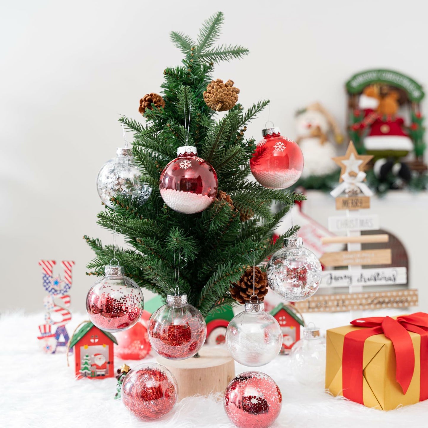16PCS Clear Red Christmas Balls Ornaments 3.15in Shatterproof Hanging Set