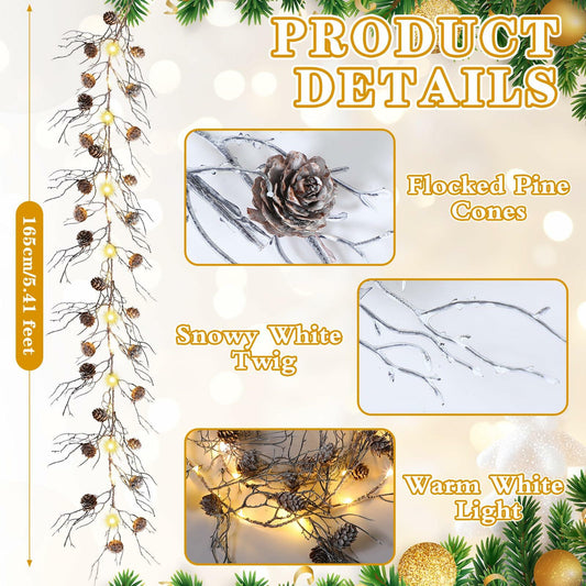 Jutom Christmas Pine Cone Garland with Lights 5.41ft Snowy Flocked Decor