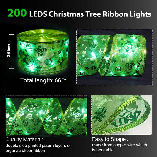 Vloso Christmas Tree Ribbon Lights 66Ft 200 LED Remote Timer Battery USB