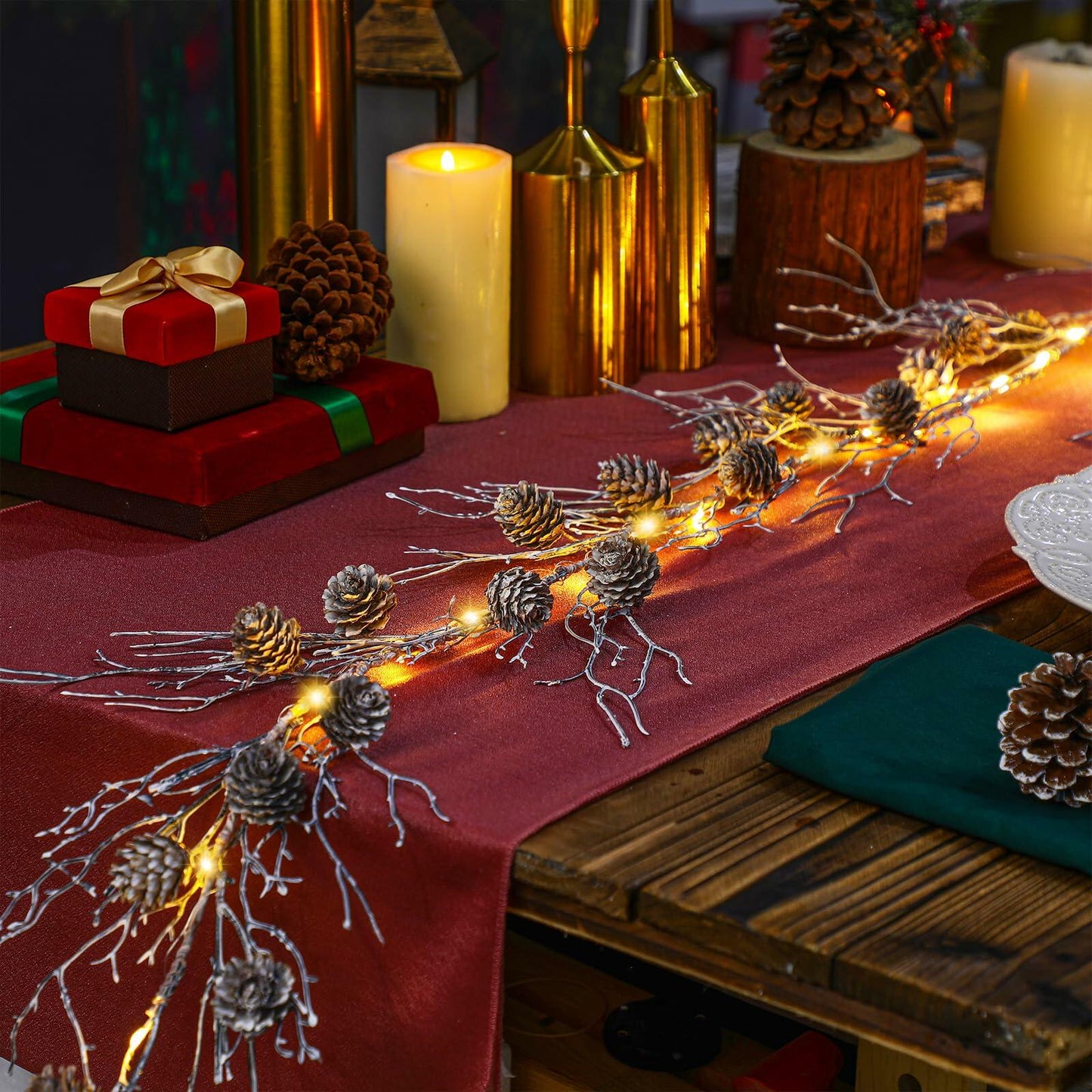 Jutom Christmas Pine Cone Garland with Lights 5.41ft Snowy Flocked Decor