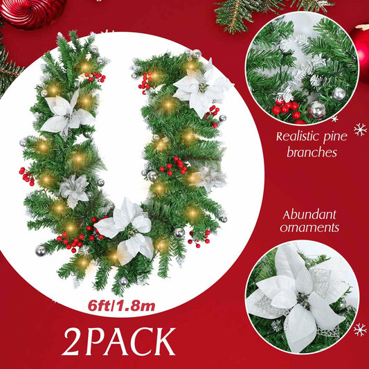 Glitinsel 2 Pack 6ft LED Christmas Garland Pine Cones Gold Berry 12ft