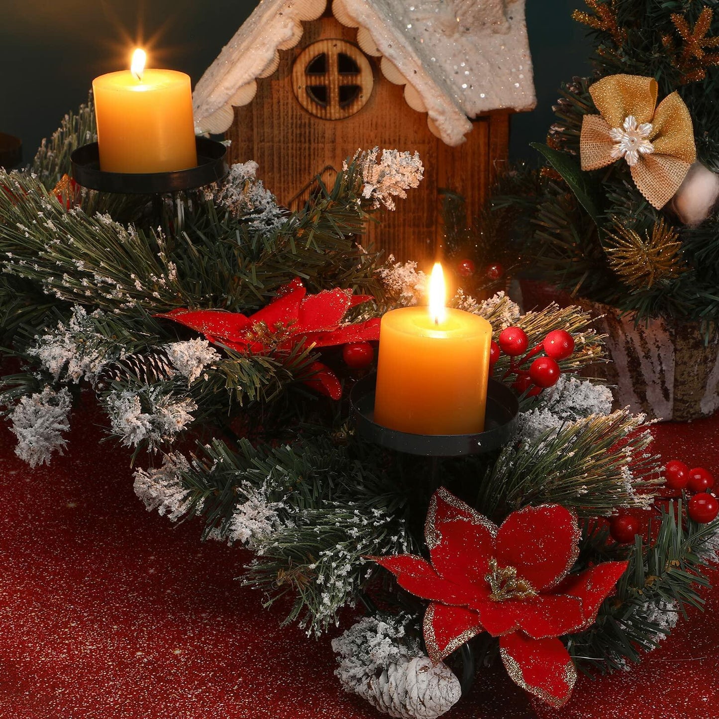 Artificial Christmas Centerpiece 3 Candle Holders Red Flowers Berries 30 Inch