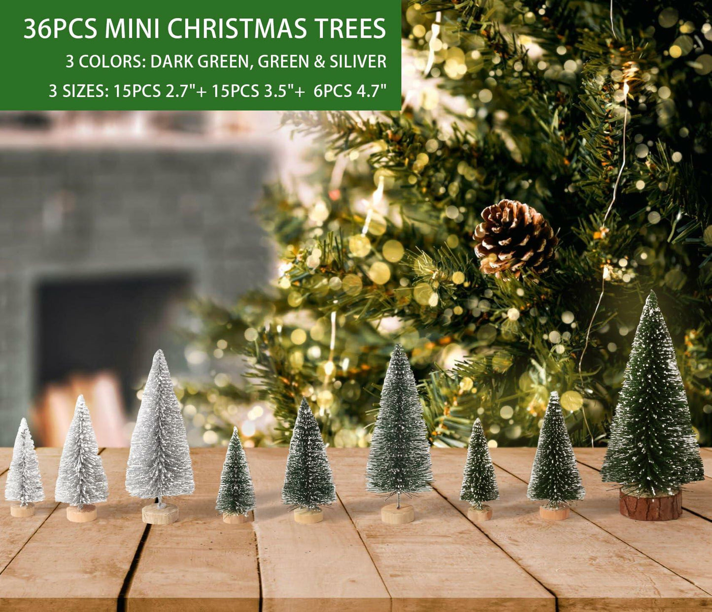 36PCS Bottle Brush Christmas Trees Multi-Size Table Decor with Wood Base