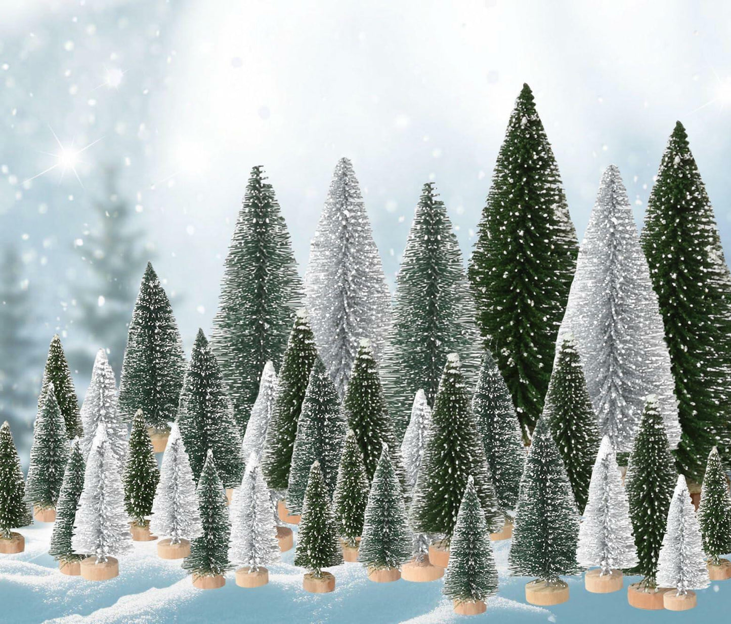 36PCS Bottle Brush Christmas Trees Multi-Size Table Decor with Wood Base