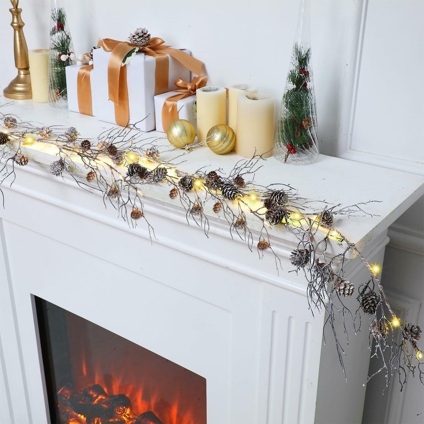 Jutom Christmas Pine Cone Garland with Lights 5.41ft Snowy Flocked Decor