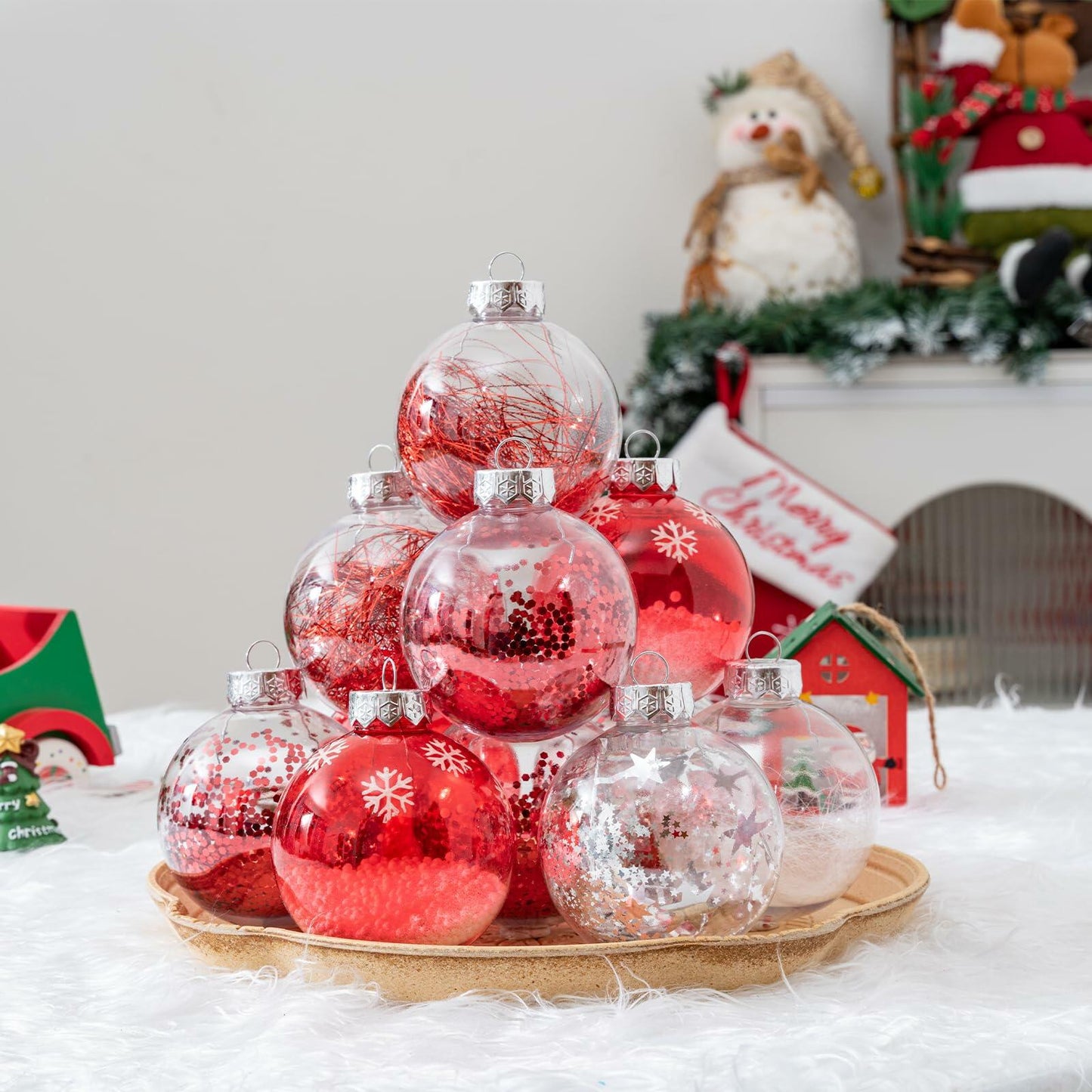 16PCS Clear Red Christmas Balls Ornaments 3.15in Shatterproof Hanging Set