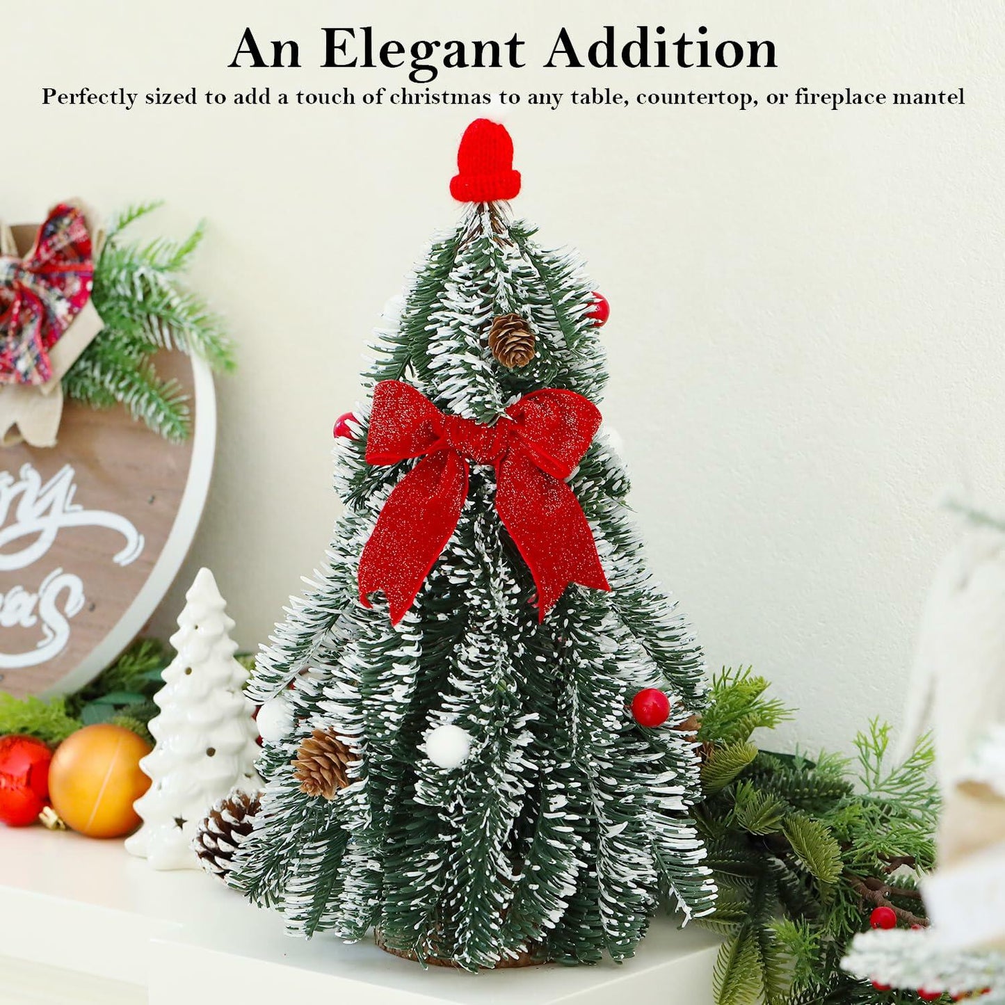 HOMCDALY 16in LED Tabletop Christmas Tree with Red Bowtie Indoor Decor