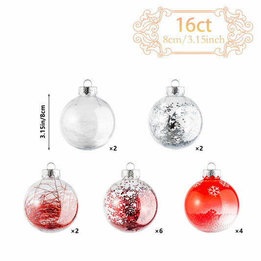 16PCS Clear Red Christmas Balls Ornaments 3.15in Shatterproof Hanging Set