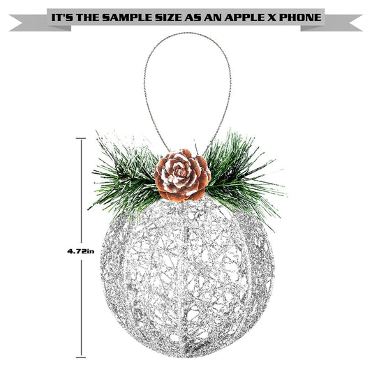 Christmas Ball Ornaments 4pc Silver Pinecone Rattan Thread String Decor