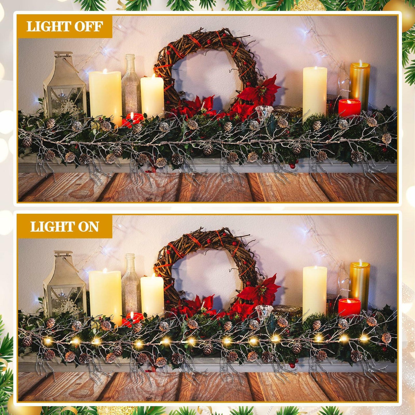 Jutom Christmas Pine Cone Garland with Lights 5.41ft Snowy Flocked Decor