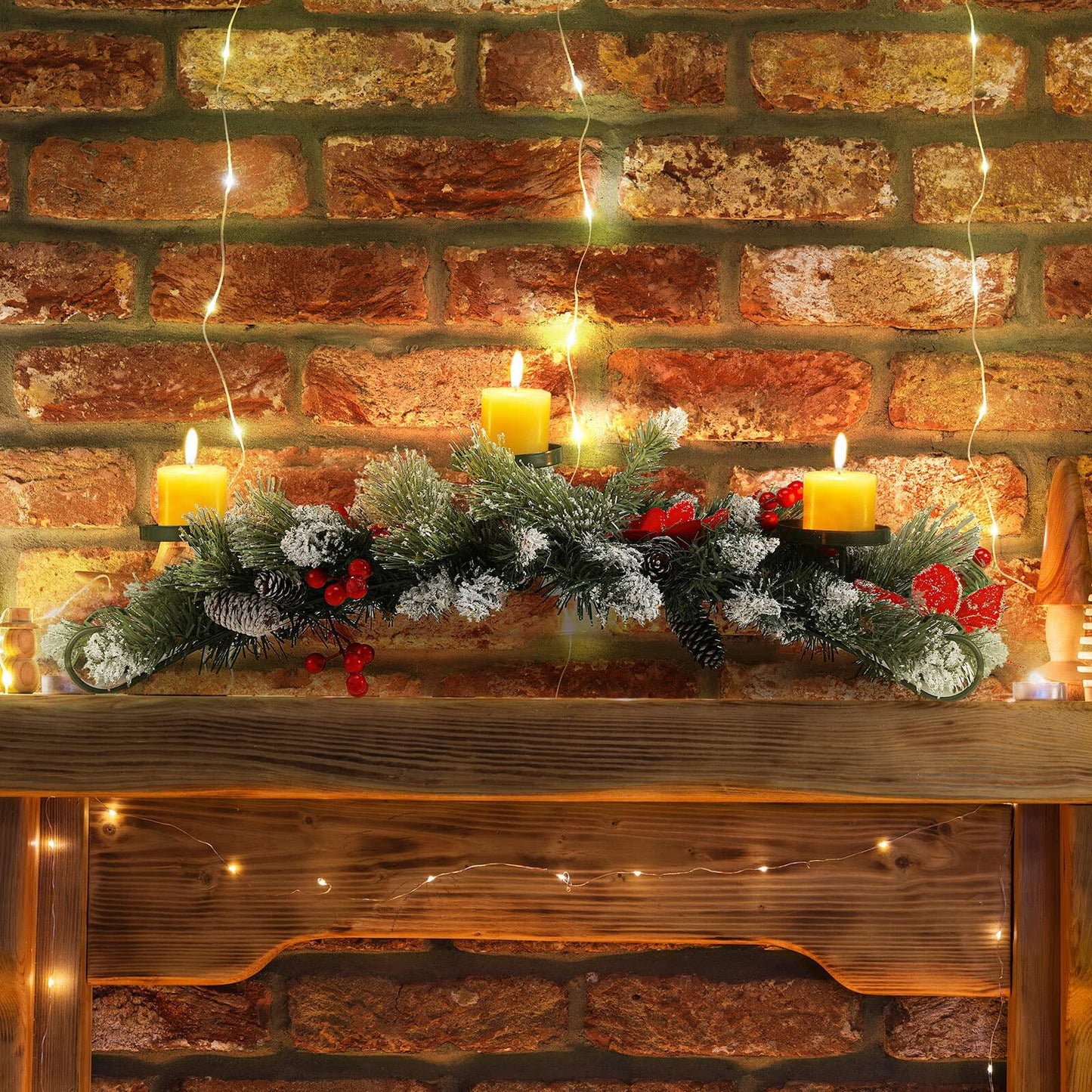 Artificial Christmas Centerpiece 3 Candle Holders Red Flowers Berries 30 Inch