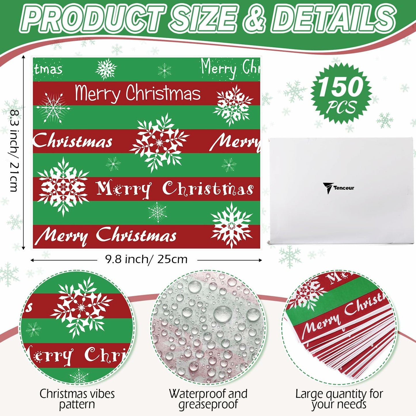 Tenceur Christmas Wax Paper Sheets Winter Printed 150 Pcs