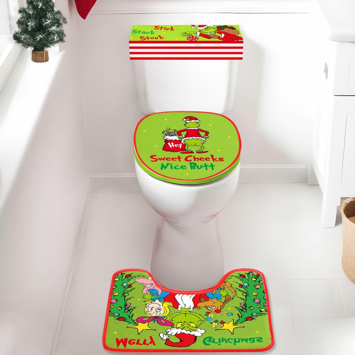 Funny Christmas Toilet Seat Cover Set 4pcs White Elephant Bathroom Decor