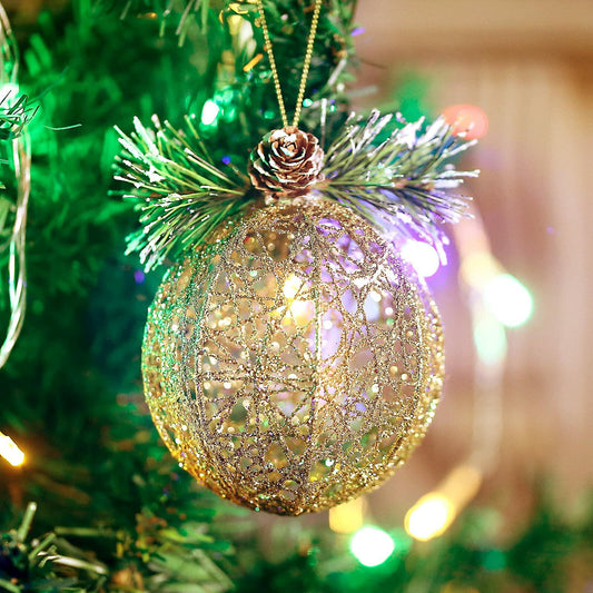 Christmas Ball Ornaments 4pc Set Champagne Pinecone Rattan String Decor