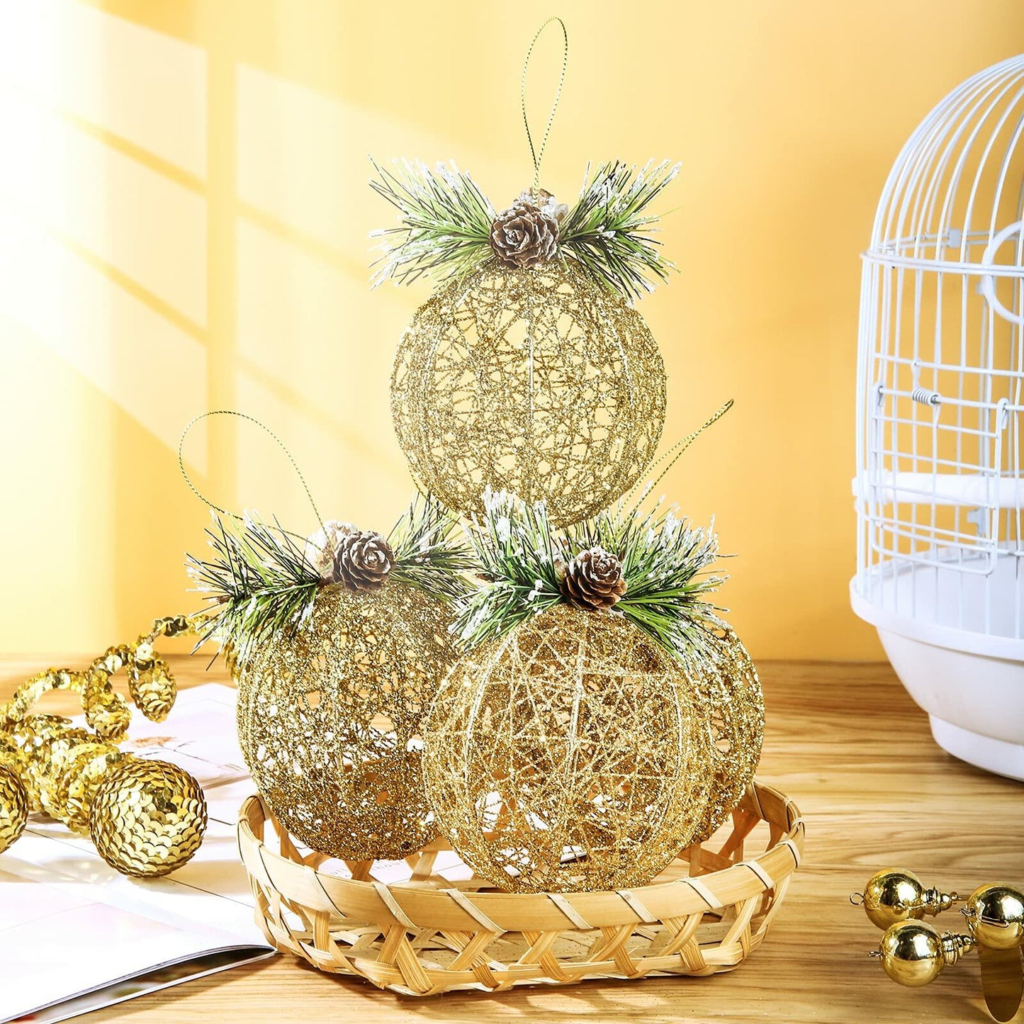 Christmas Ball Ornaments 4pc Set Champagne Pinecone Rattan String Decor