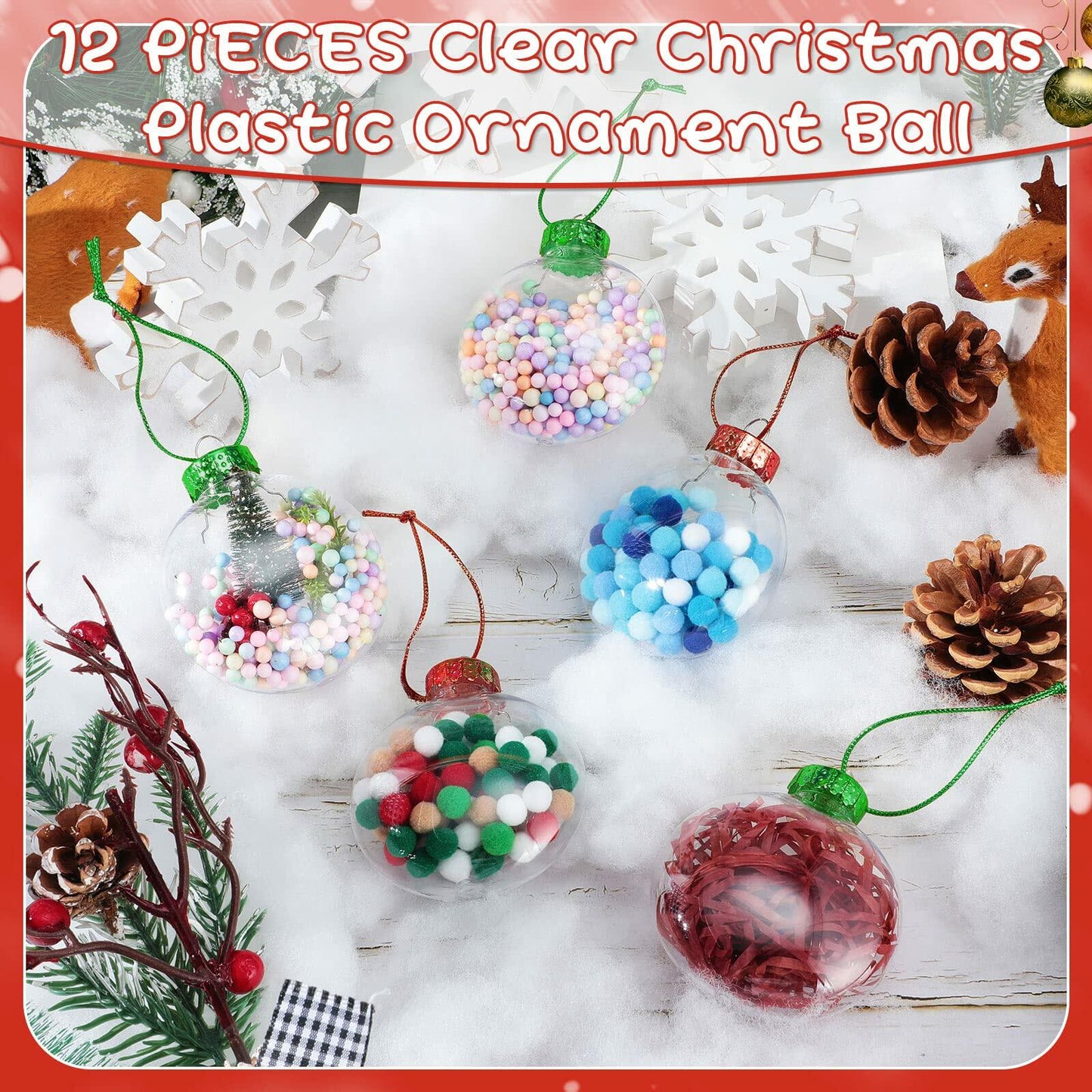 Sumind 12pcs Clear Fillable Christmas Ornament Balls 3.15in Red Green