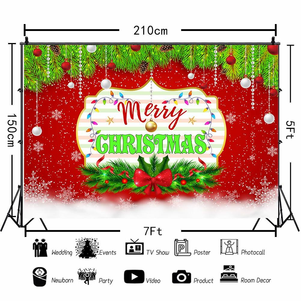 Merry Christmas Backdrop Red Green Balls Leaves Party Decoration 7x5Ft