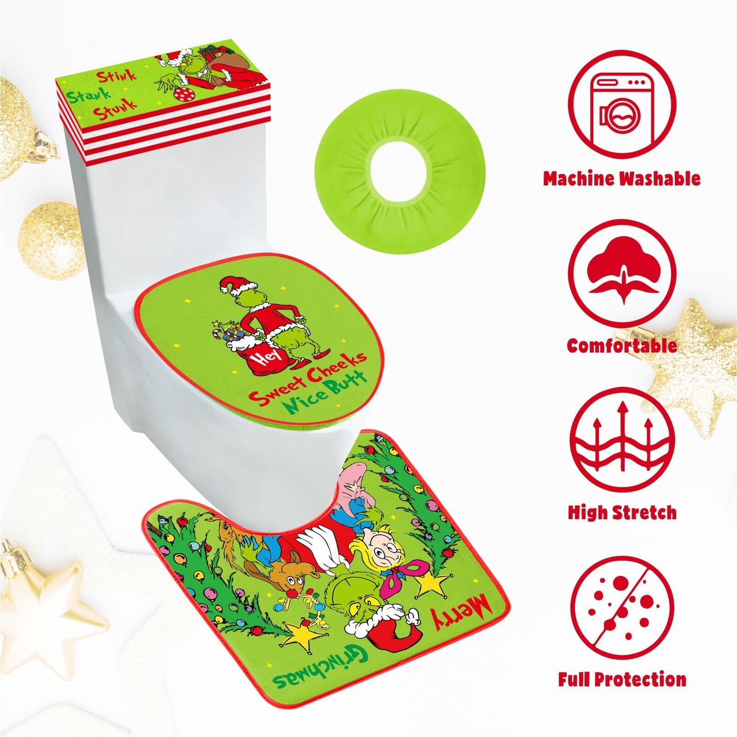 Funny Christmas Toilet Seat Cover Set 4pcs White Elephant Bathroom Decor