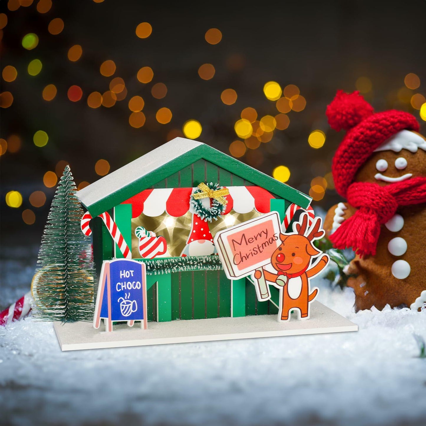 Zqoyn LED Lighted Christmas Village House Decor Set with Deer Indoor Table Decor