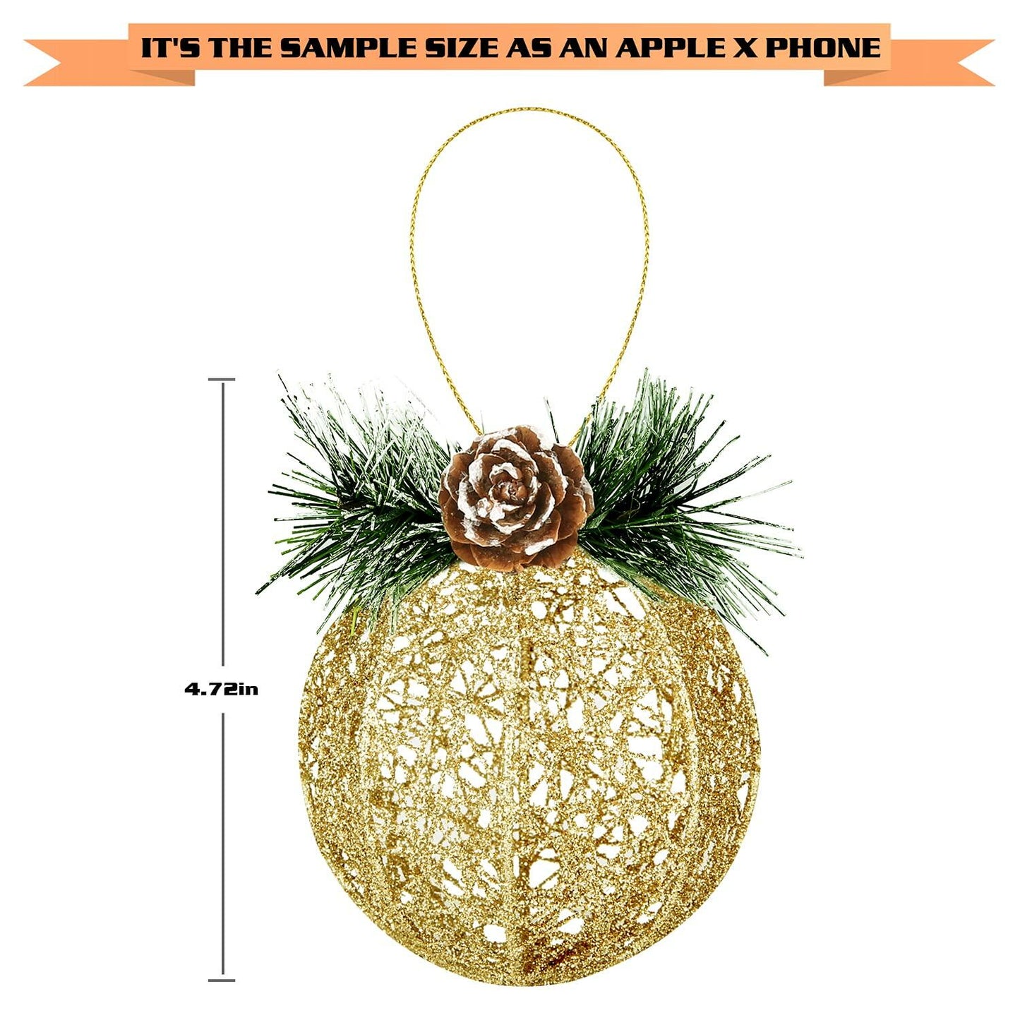 Christmas Ball Ornaments 4pc Set Champagne Pinecone Rattan String Decor