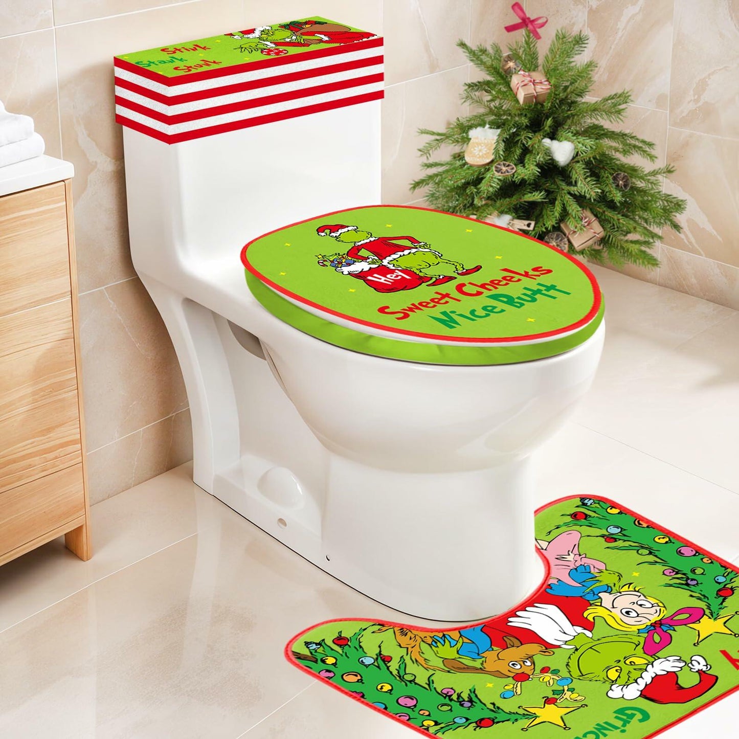 Funny Christmas Toilet Seat Cover Set 4pcs White Elephant Bathroom Decor
